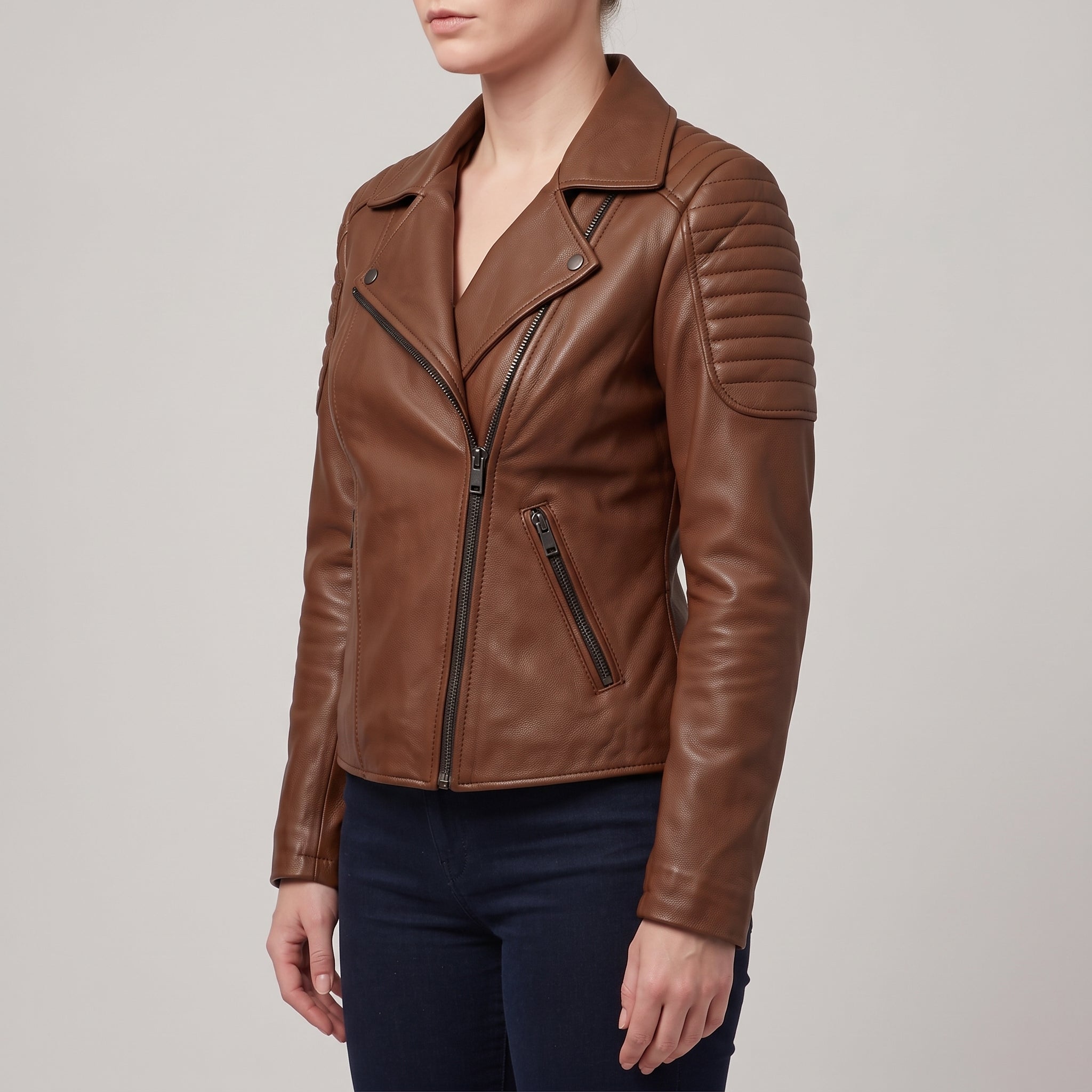 Women's Brown Leather Biker Jacket — Bagendon