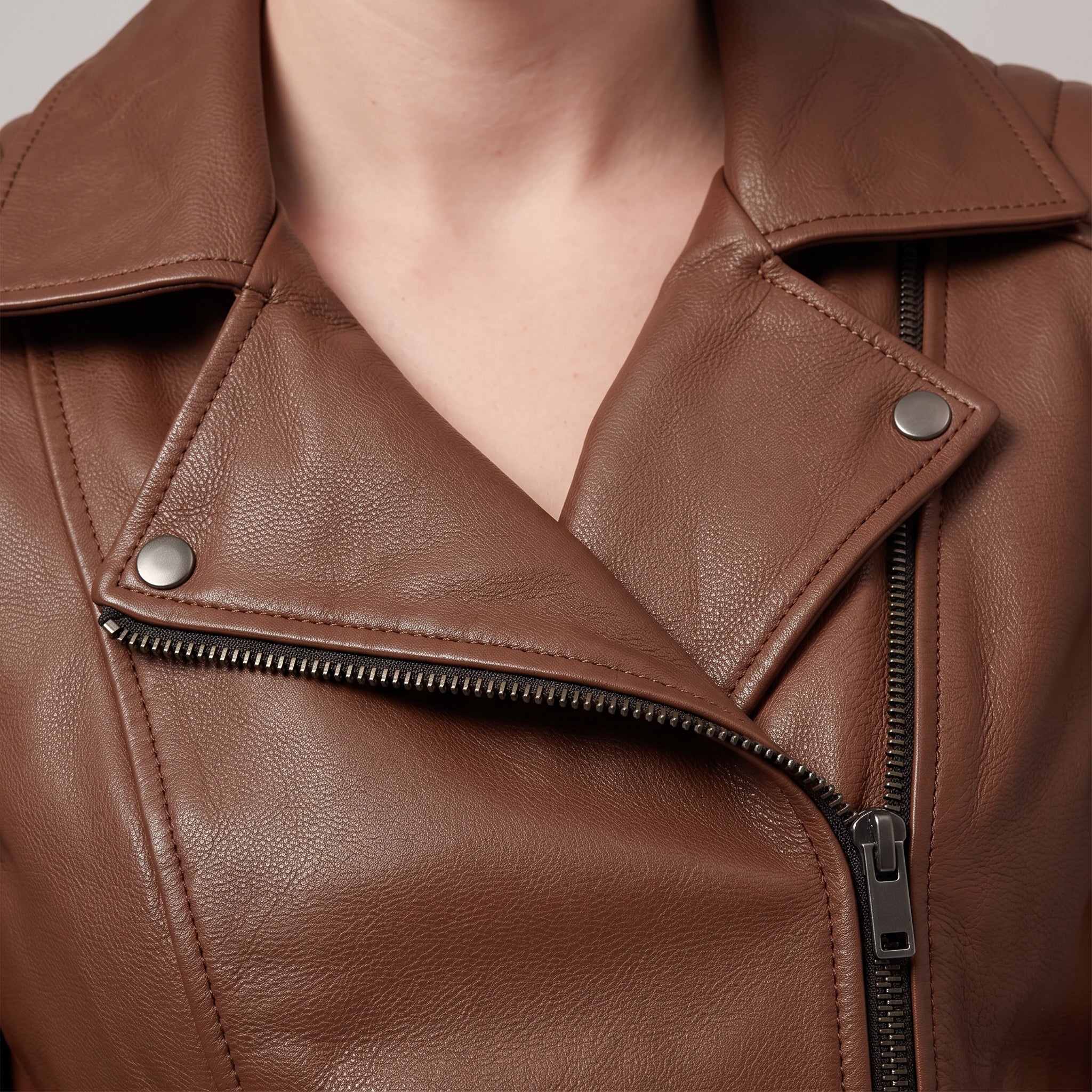 Women's Brown Leather Biker Jacket — Bagendon