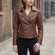 Women's Brown Leather Biker Jacket — Channing