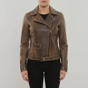 Women's Brown Leather Biker Jacket — Cunliffe
