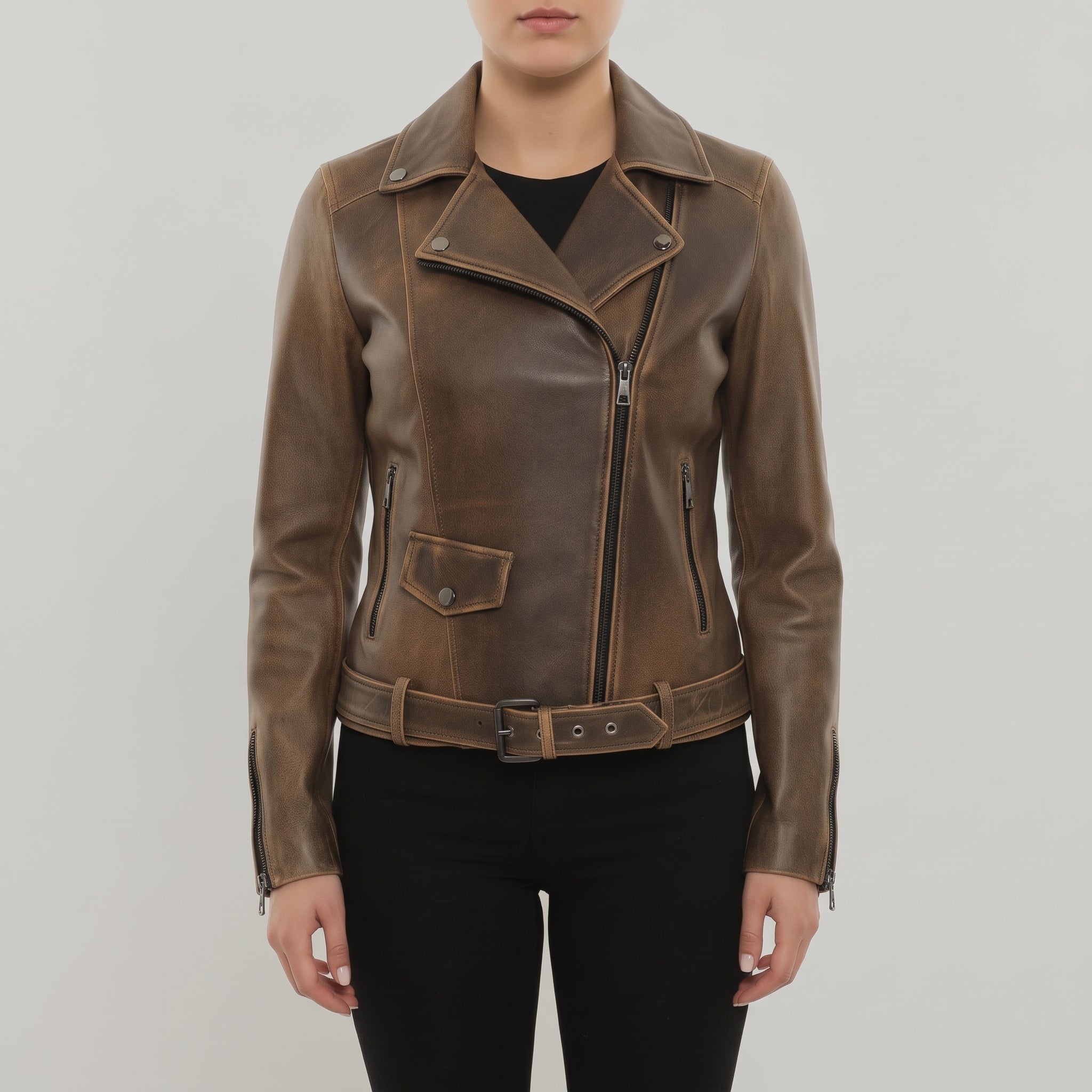 Women's Brown Leather Biker Jacket — Cunliffe