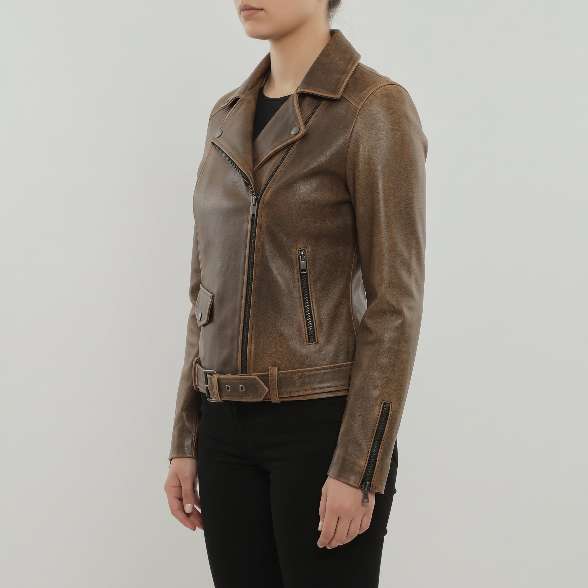 Women's Brown Leather Biker Jacket — Cunliffe