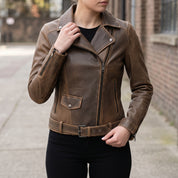 Women's Brown Leather Biker Jacket — Cunliffe