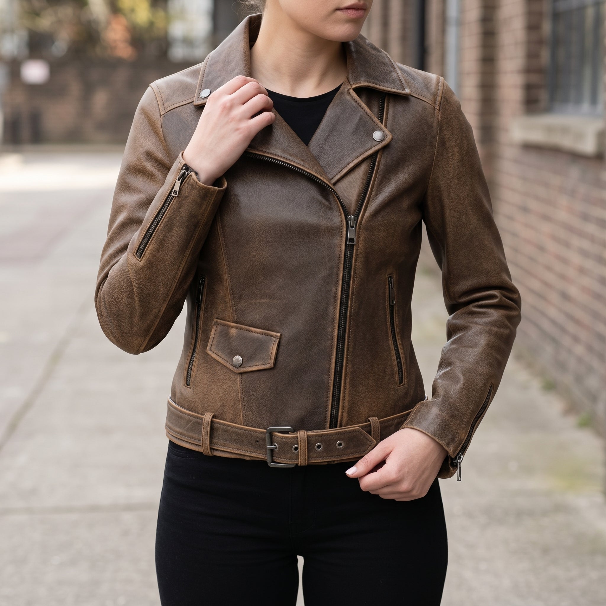 Women's Brown Leather Biker Jacket — Cunliffe