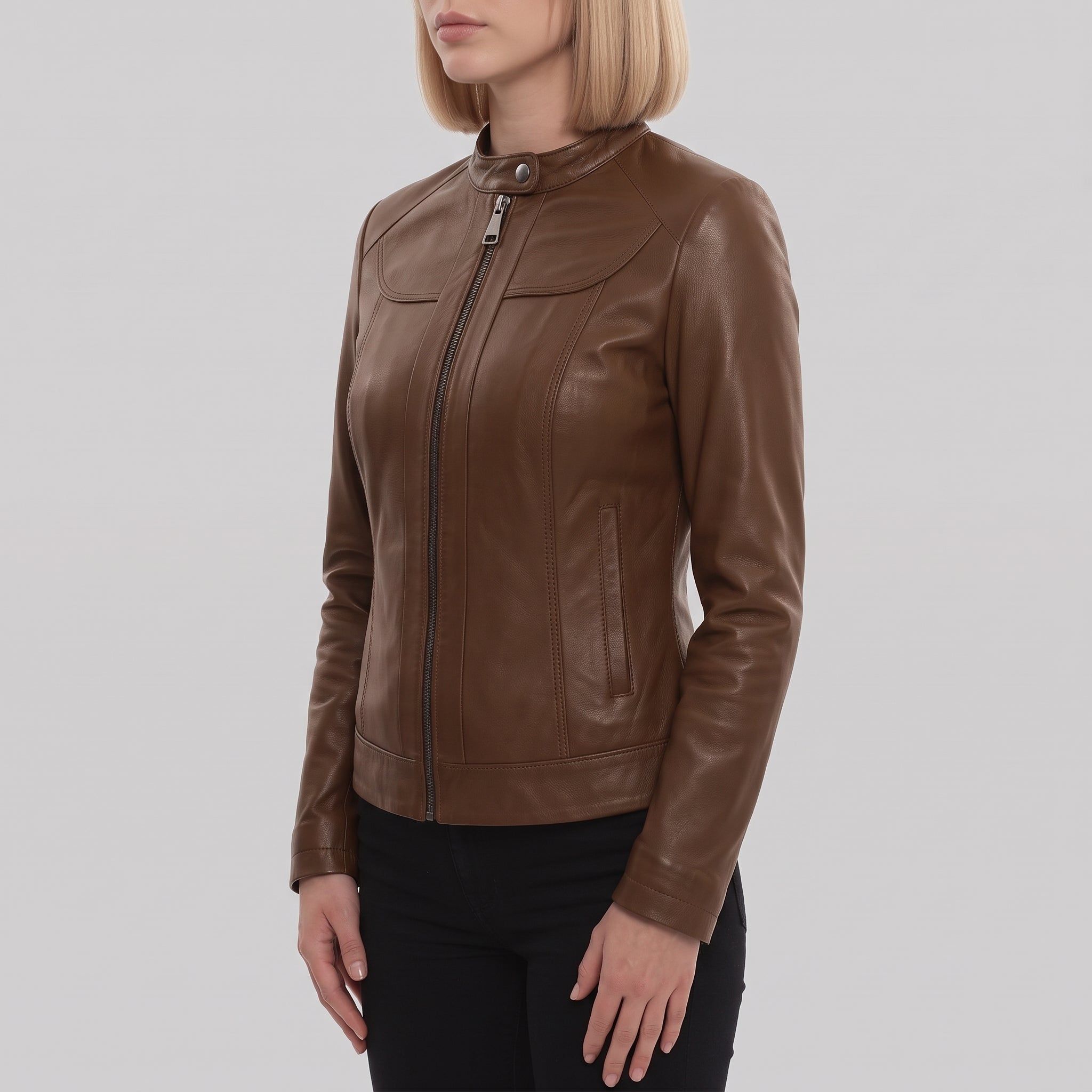 Women's Brown Leather Cafe Racer Jacket — Finley