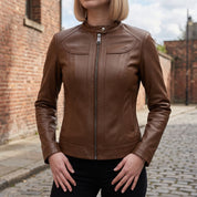 Women's Brown Leather Cafe Racer Jacket — Finley