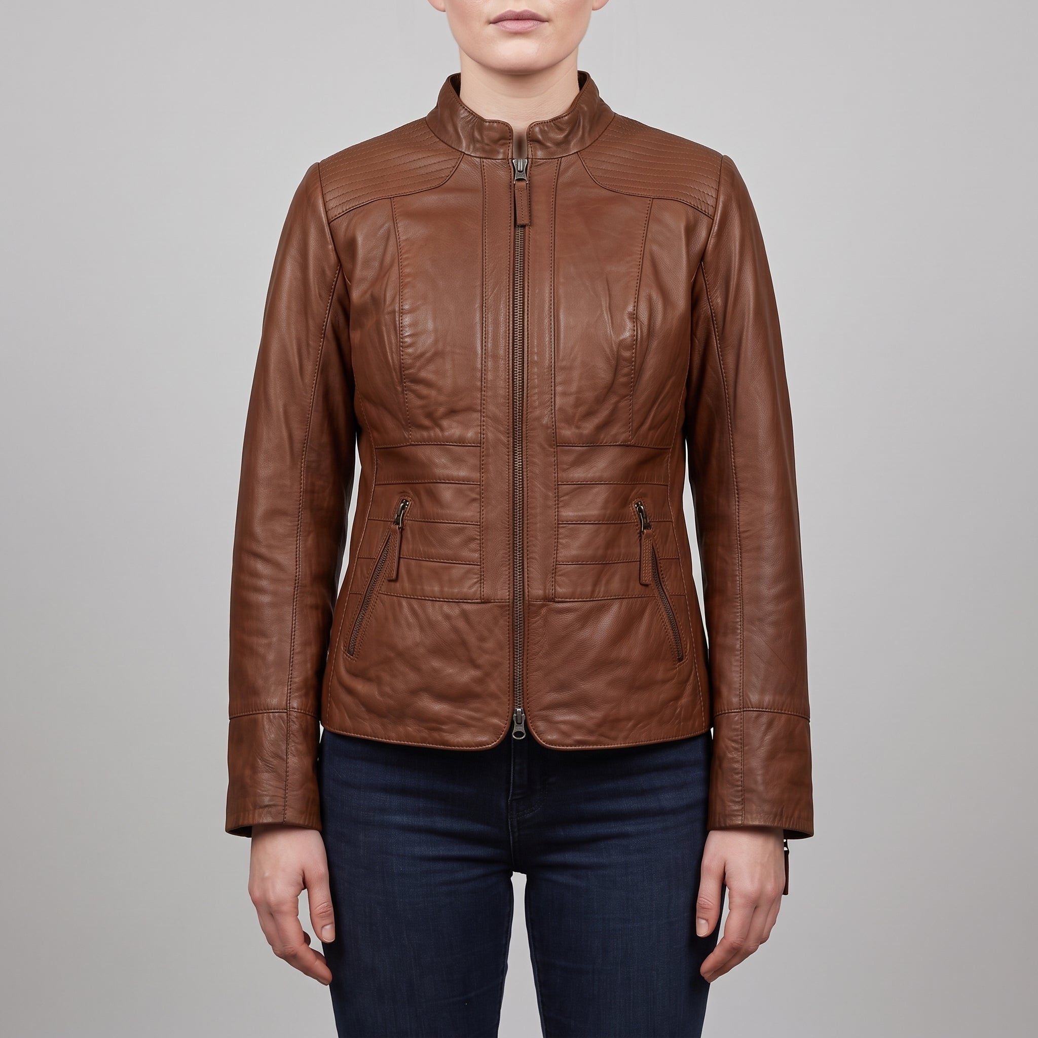 Women's Brown Leather Biker Jacket — Hammond