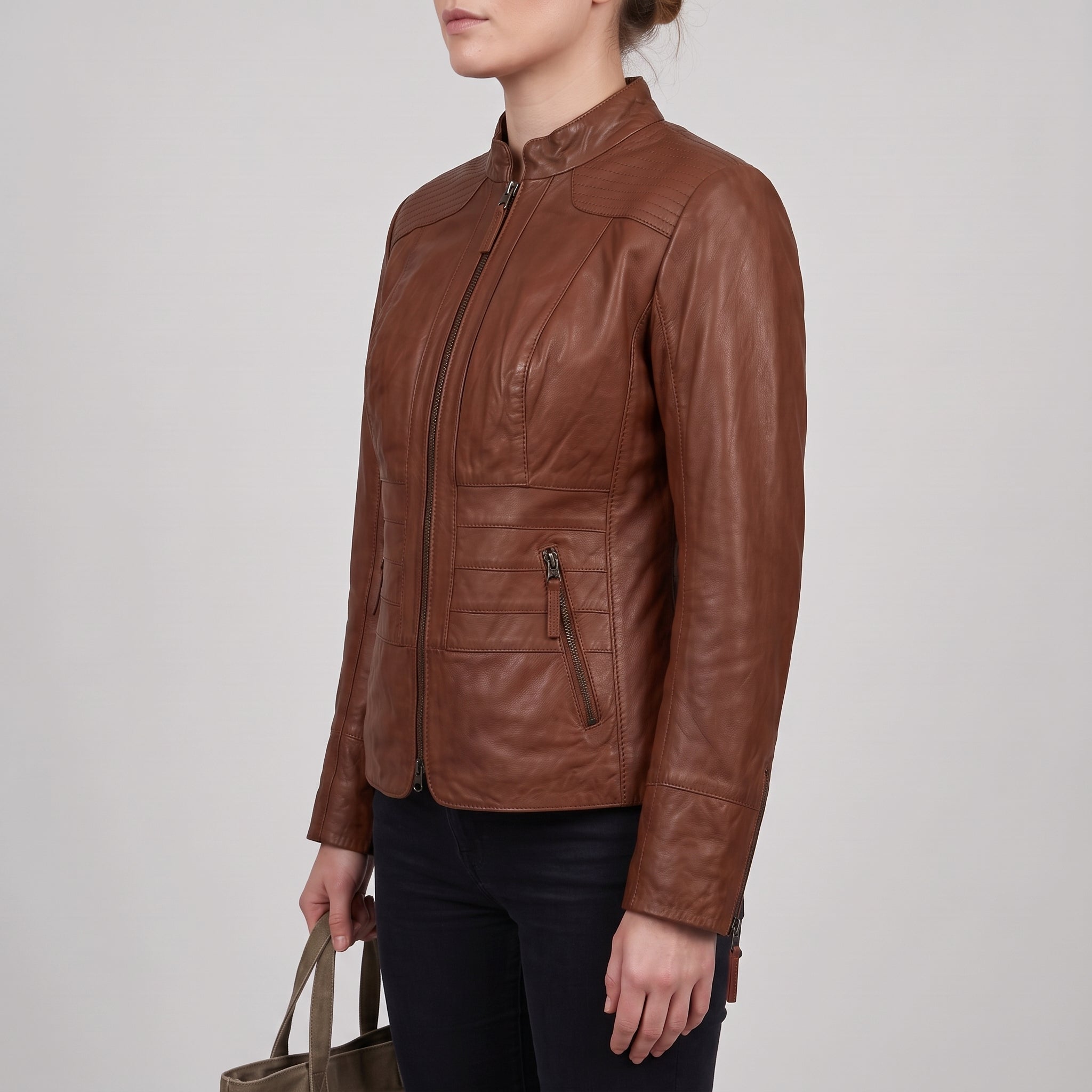 Women's Brown Leather Biker Jacket — Hammond