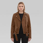 Women's Brown Leather Biker Jacket — Hobson