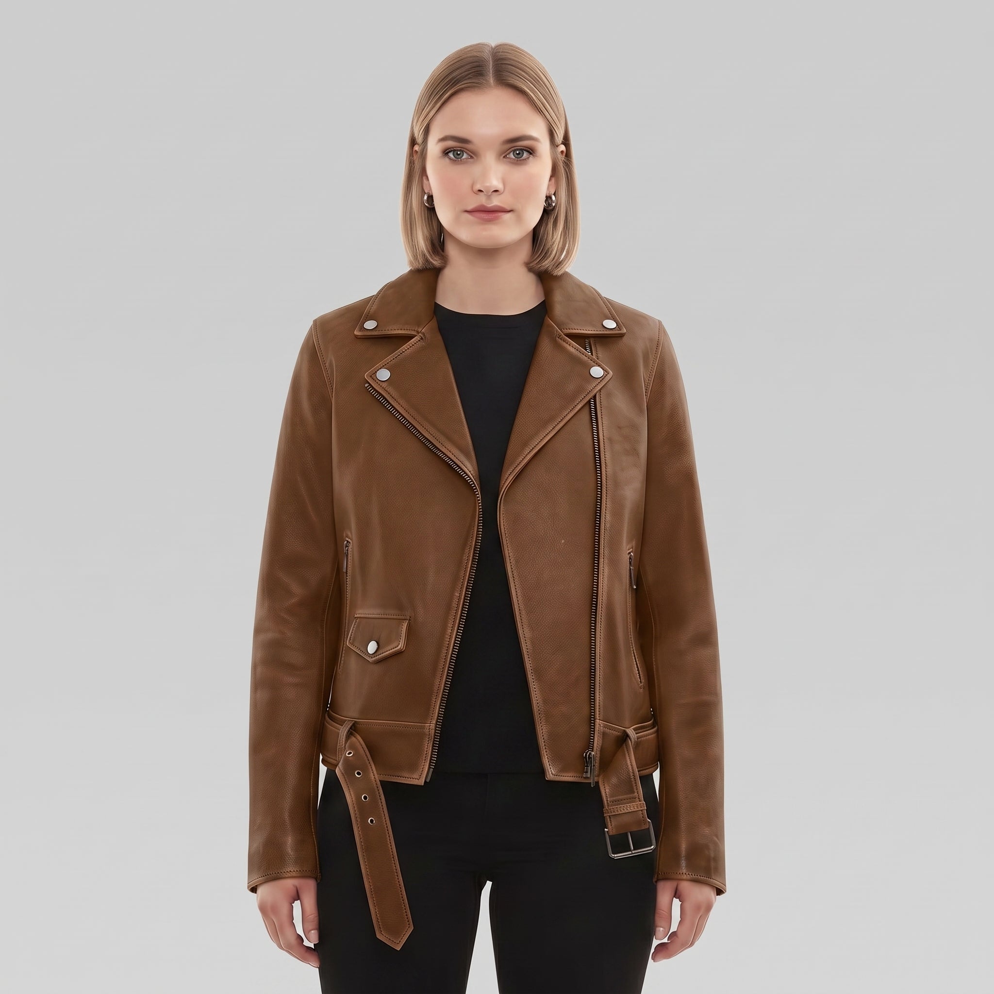 Women's Brown Leather Biker Jacket — Hobson