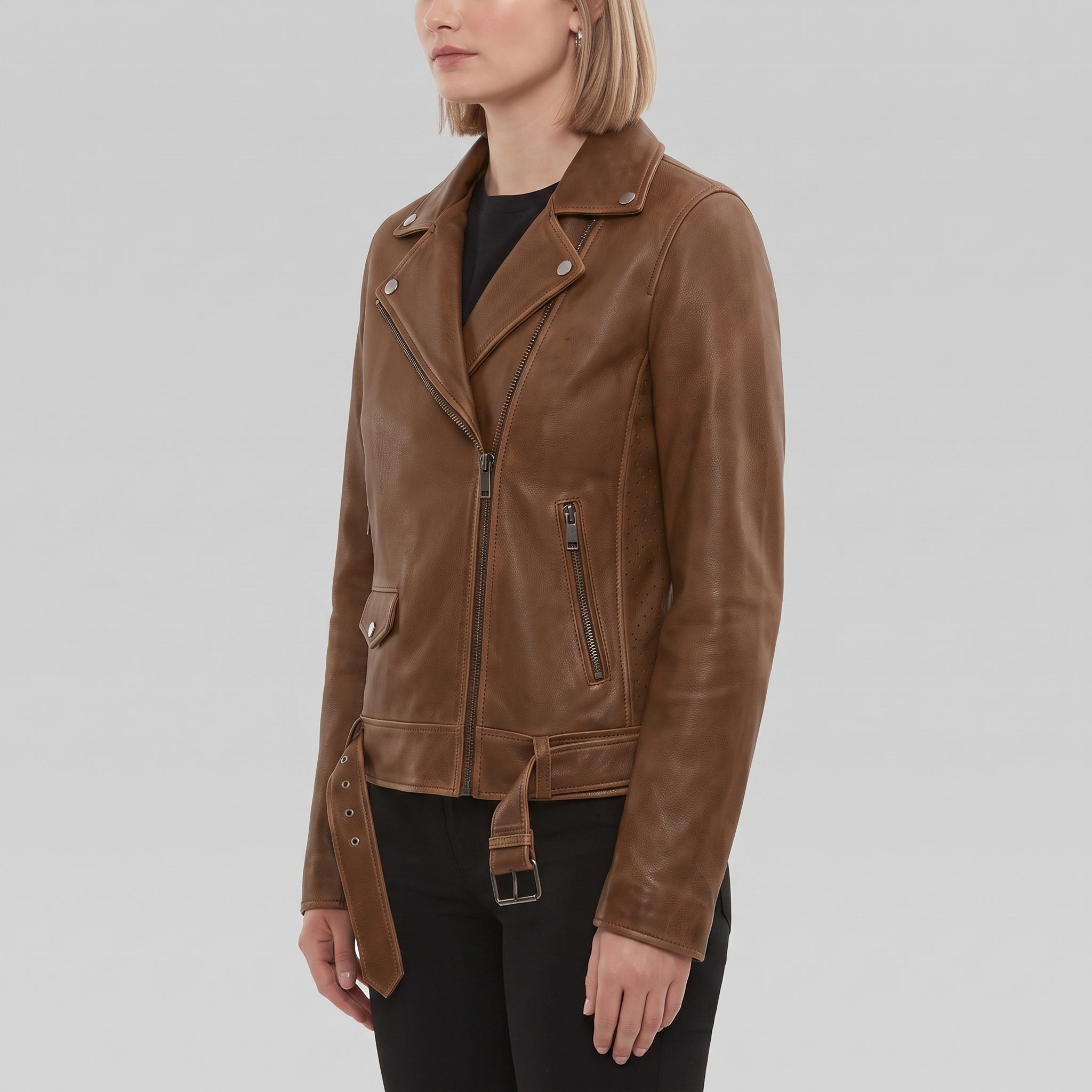 Women's Brown Leather Biker Jacket — Hobson