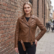 Women's Brown Leather Biker Jacket — Hobson