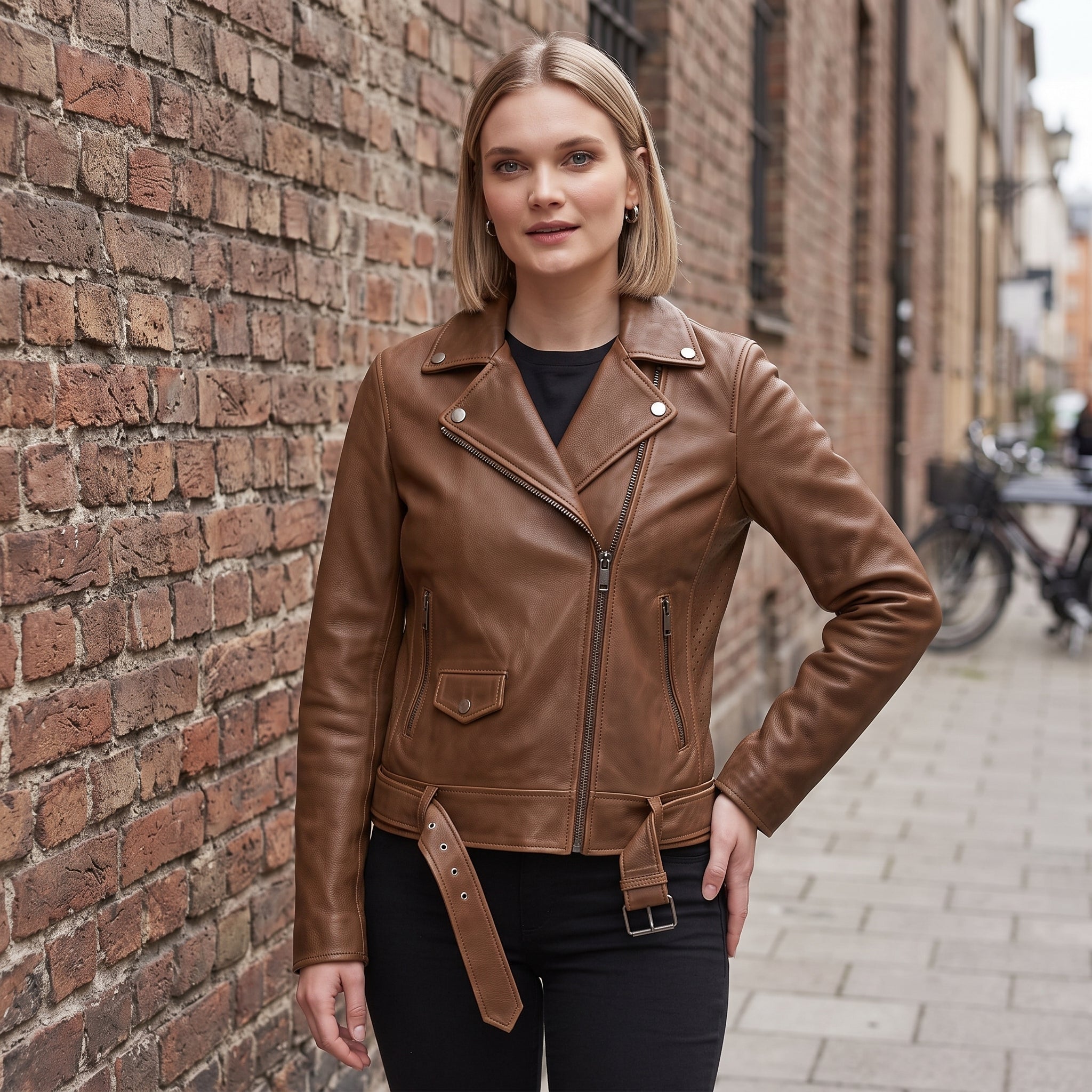 Women's Brown Leather Biker Jacket — Hobson