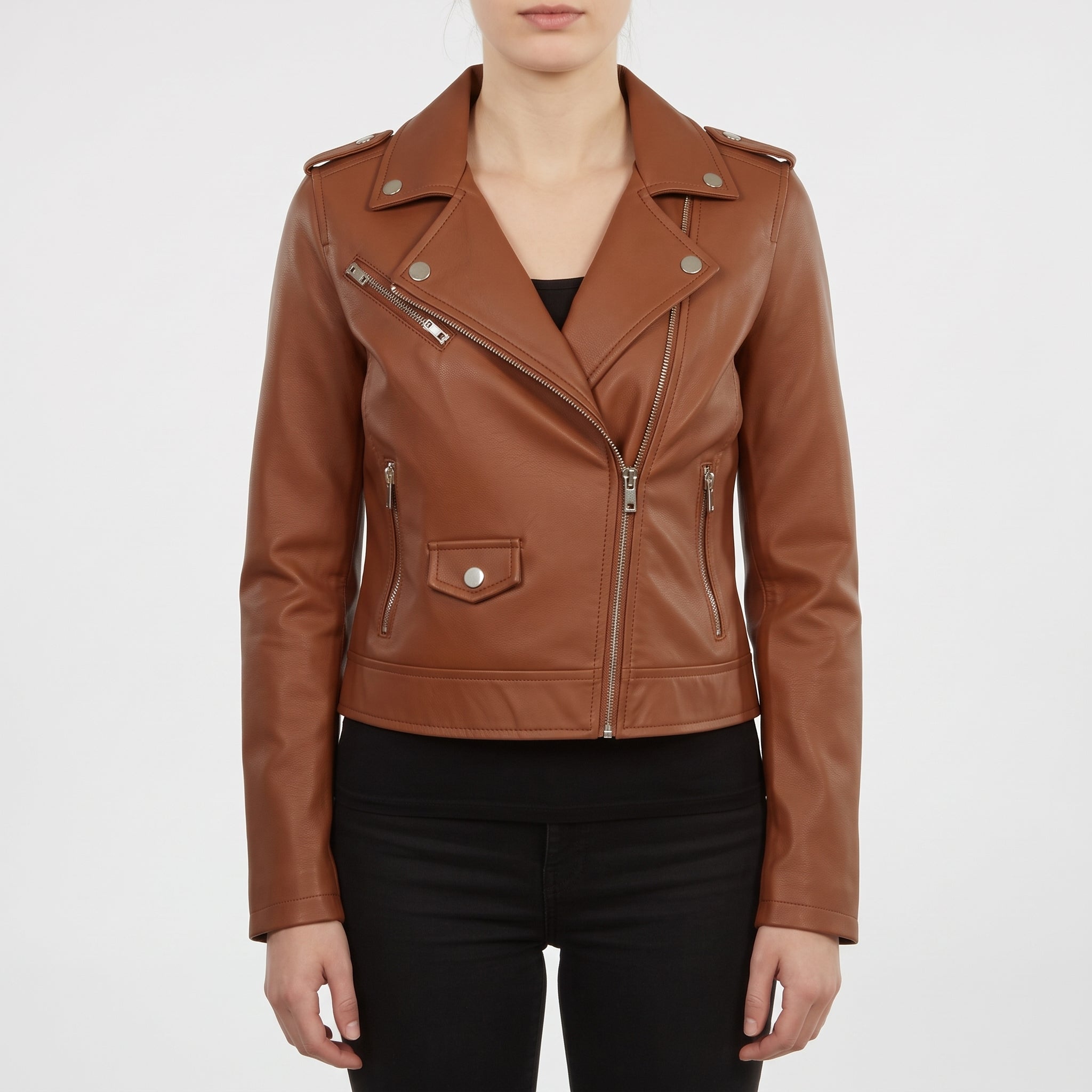 Women's Brown Leather Biker Jacket — Mayfield