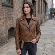 Women's Brown Studded Leather Biker Jacket — Seddon