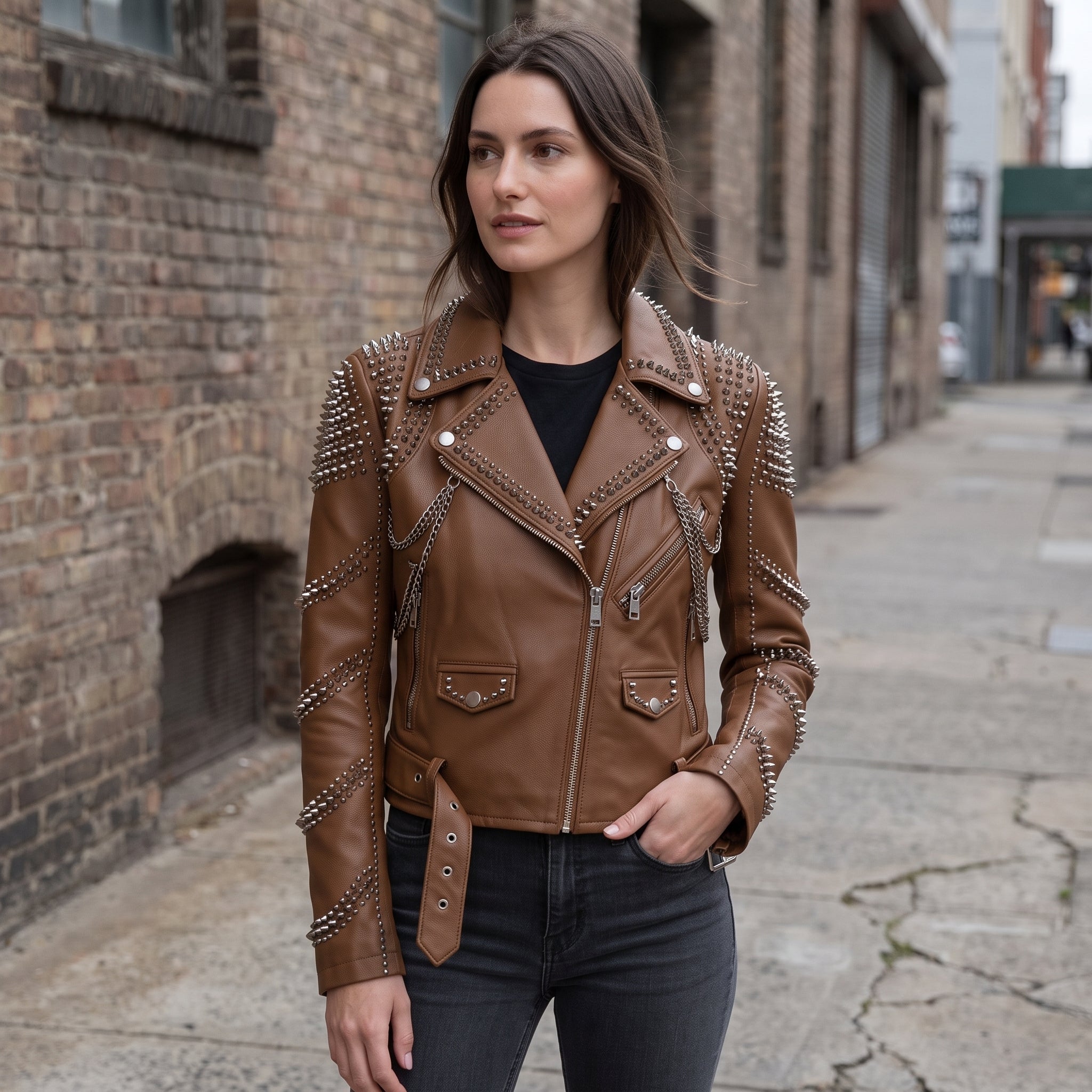 Women's Brown Studded Leather Biker Jacket — Seddon