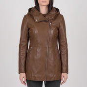 Women's Brown Hooded Leather Jacket — Strode