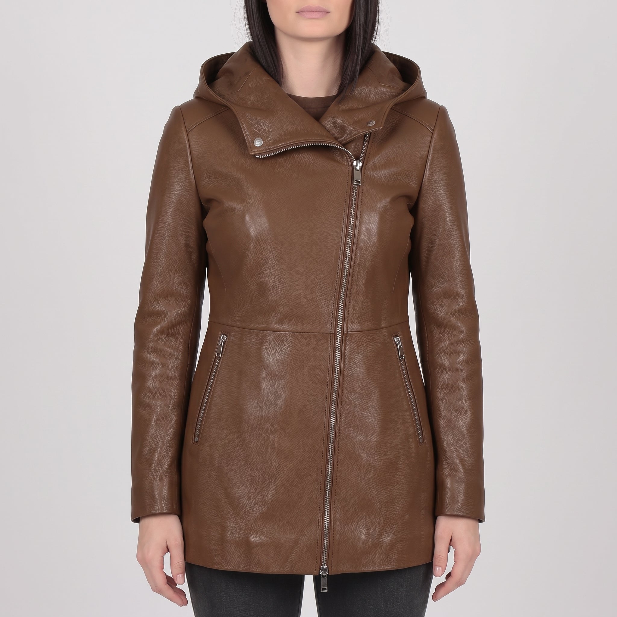 Women's Brown Hooded Leather Jacket — Strode