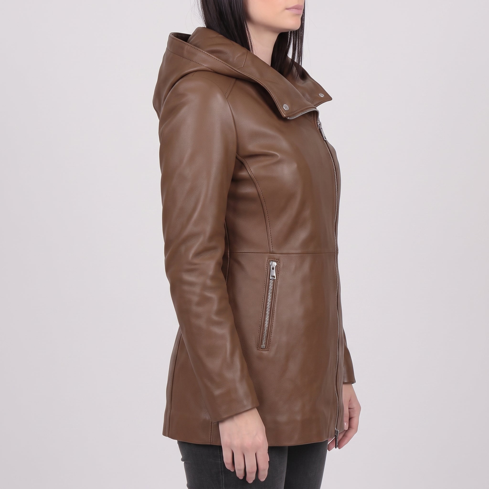 Women's Brown Hooded Leather Jacket — Strode