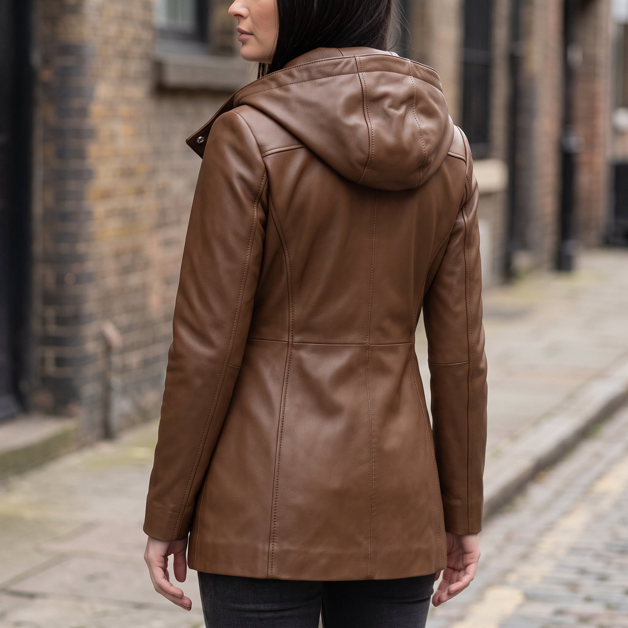 Women's Brown Hooded Leather Jacket — Strode