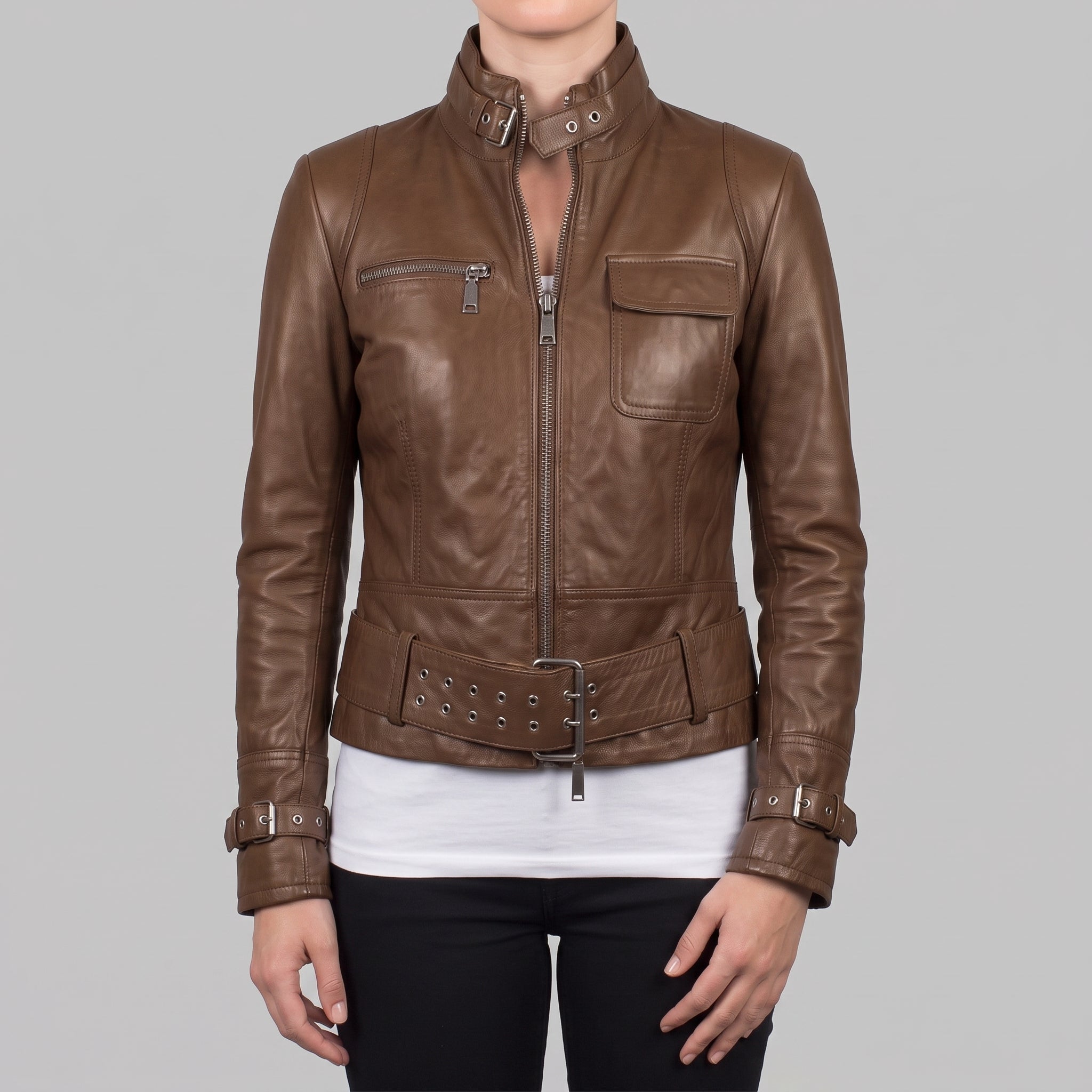 Women's Brown Leather Biker Jacket — Townley