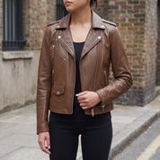 Women's Brown Leather Biker Jacket — Tyndall