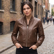 Women's Brown Leather Bomber Jacket — Benthall