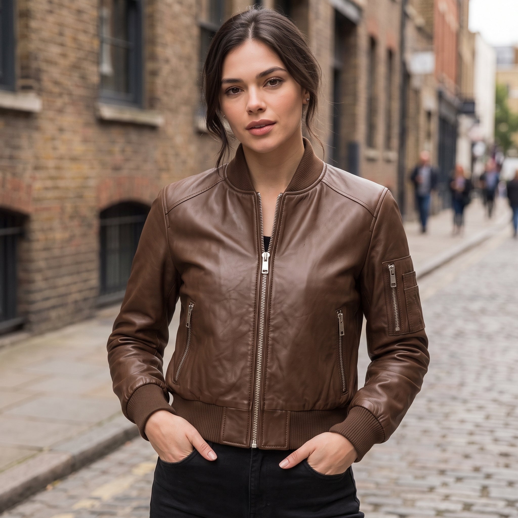 Women's Brown Leather Bomber Jacket — Benthall