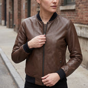 Women's Brown Leather Bomber Jacket — Elliot