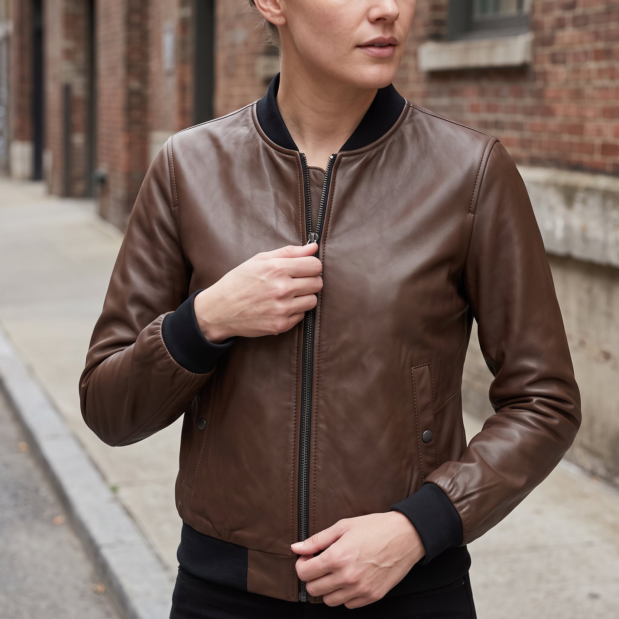 Women's Brown Leather Bomber Jacket — Elliot