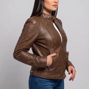 Women's Brown Leather Cafe Racer Jacket — Ashbrooke