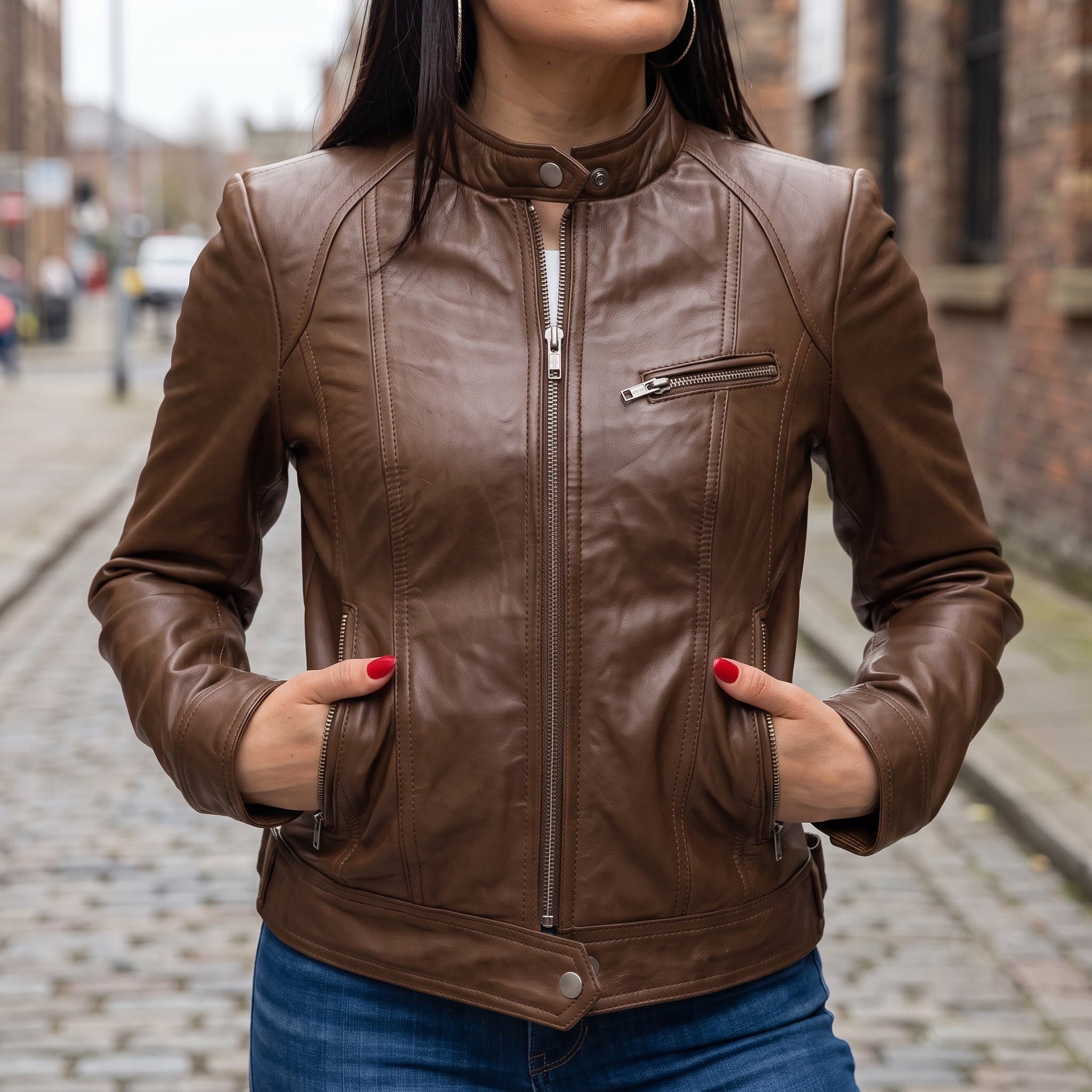 Women's Brown Leather Cafe Racer Jacket — Ashbrooke