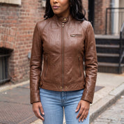 Women's Brown Leather Cafe Racer Jacket — Berrick