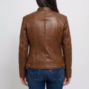 Women's Brown Leather Cafe Racer Jacket — Dutton