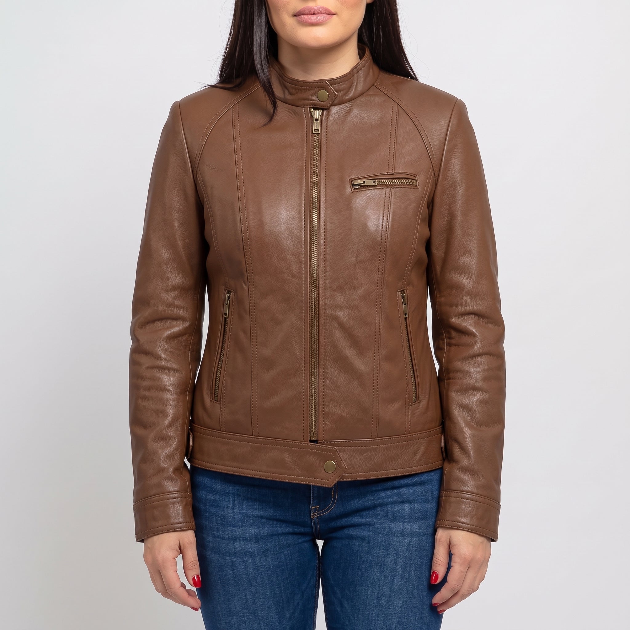 Women's Brown Leather Cafe Racer Jacket — Dutton