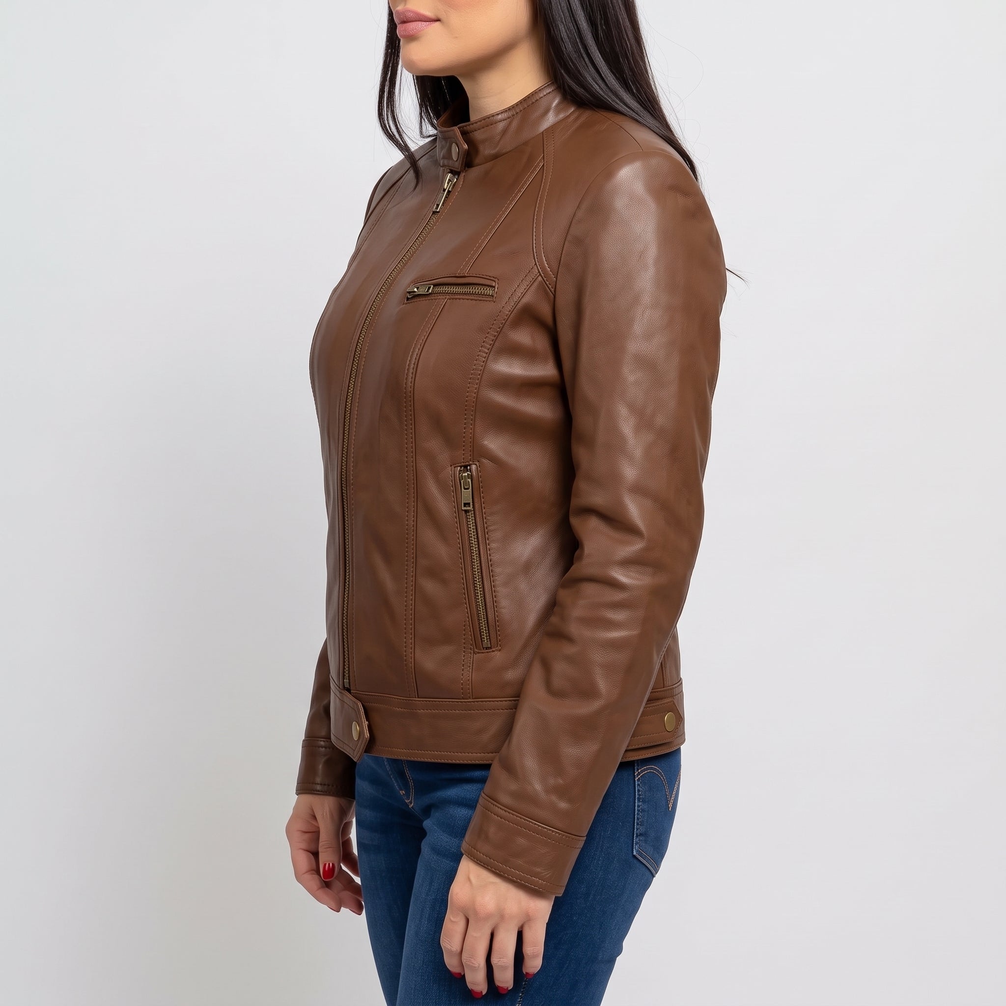 Women's Brown Leather Cafe Racer Jacket — Dutton
