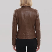 Women's Brown Leather Cafe Racer Jacket — Finley