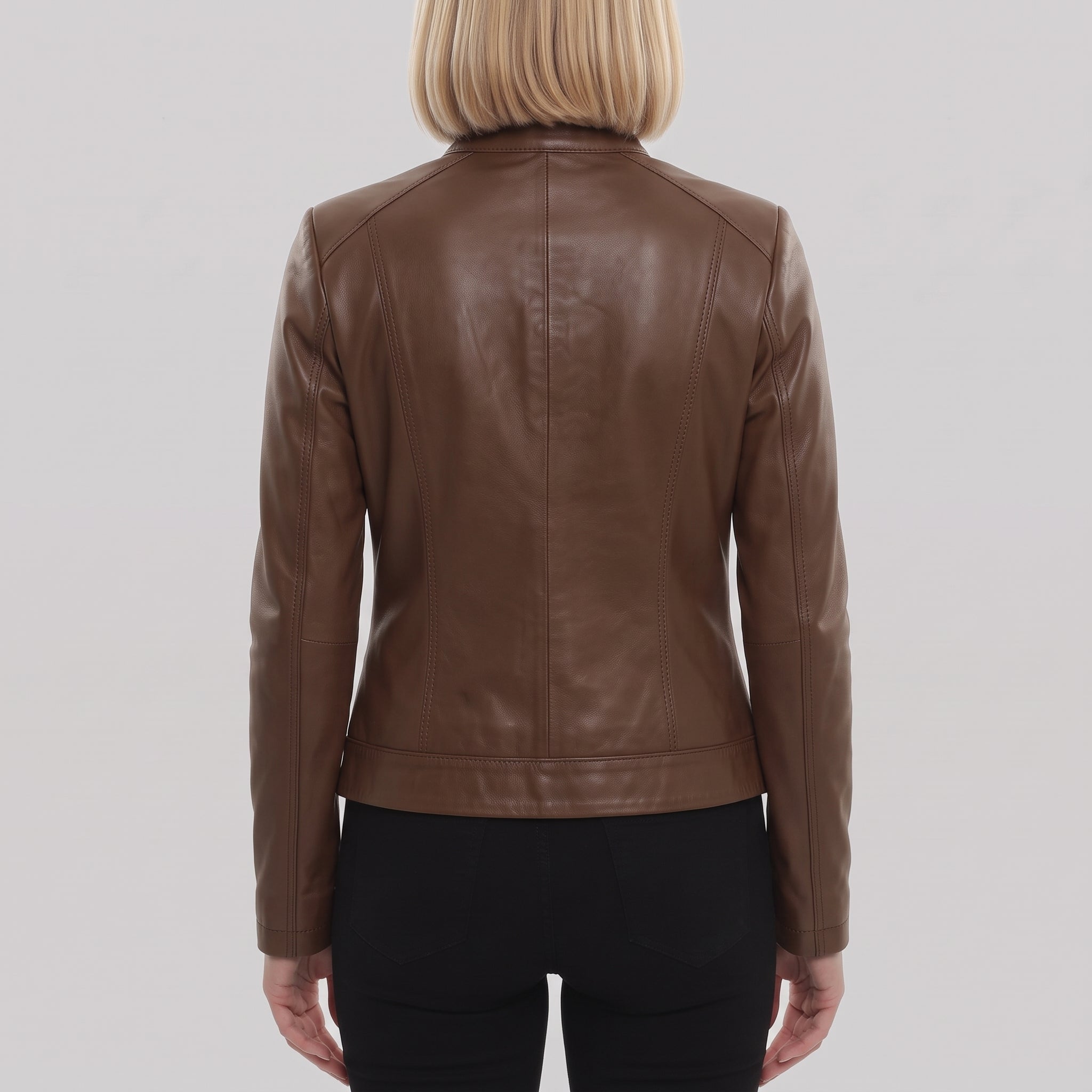 Women's Brown Leather Cafe Racer Jacket — Finley