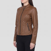 Women's Brown Leather Cafe Racer Jacket — Ingleby