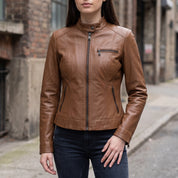 Women's Brown Leather Cafe Racer Jacket — Ingleby