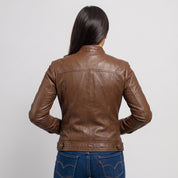Women's Brown Leather Cafe Racer Jacket — Stubbington
