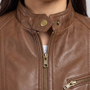 Women's Brown Leather Cafe Racer Jacket — Stubbington