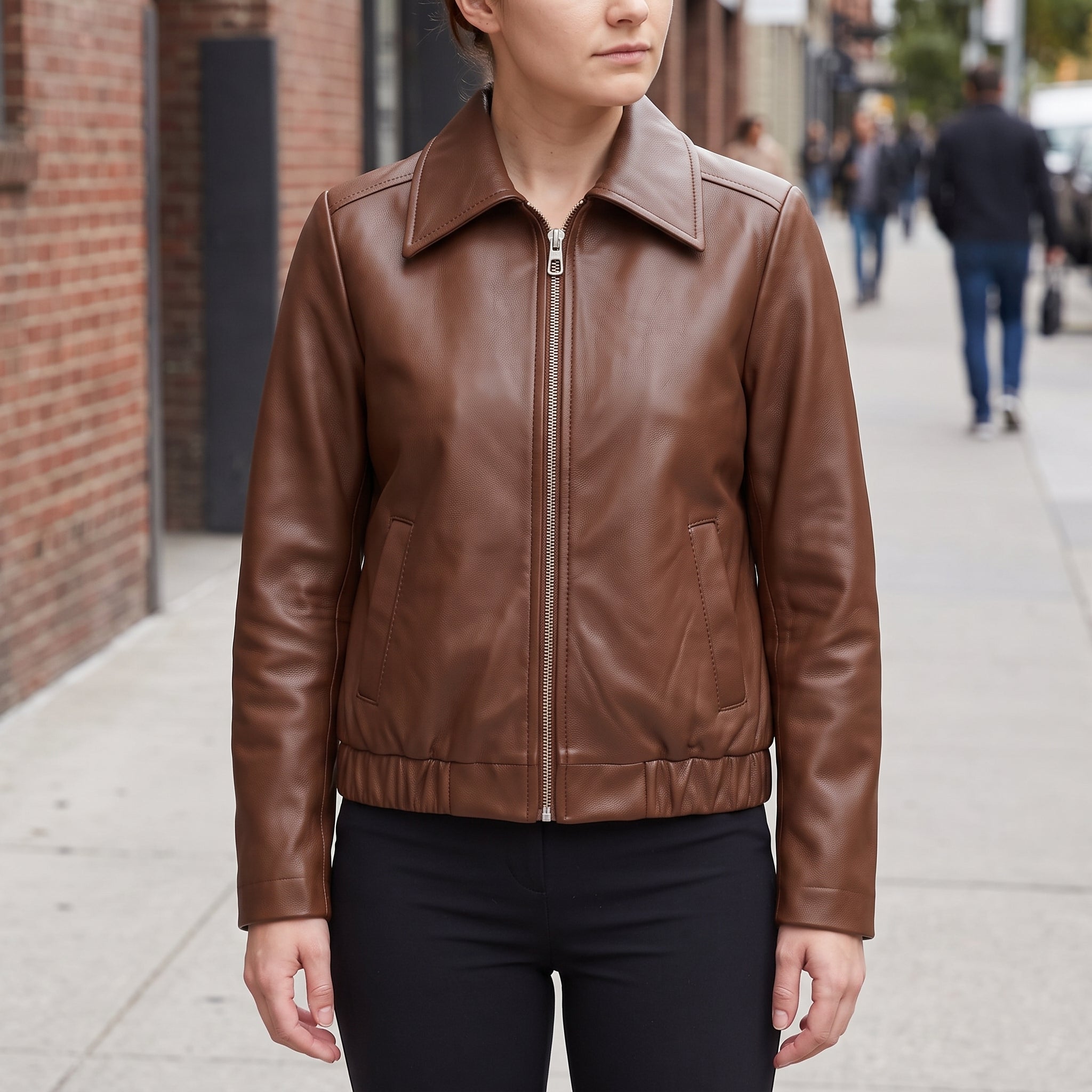 Women's Brown Leather Shirt Collar Jacket — Osborn