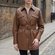 Women's Brown Leather Trench Jacket — Aldous