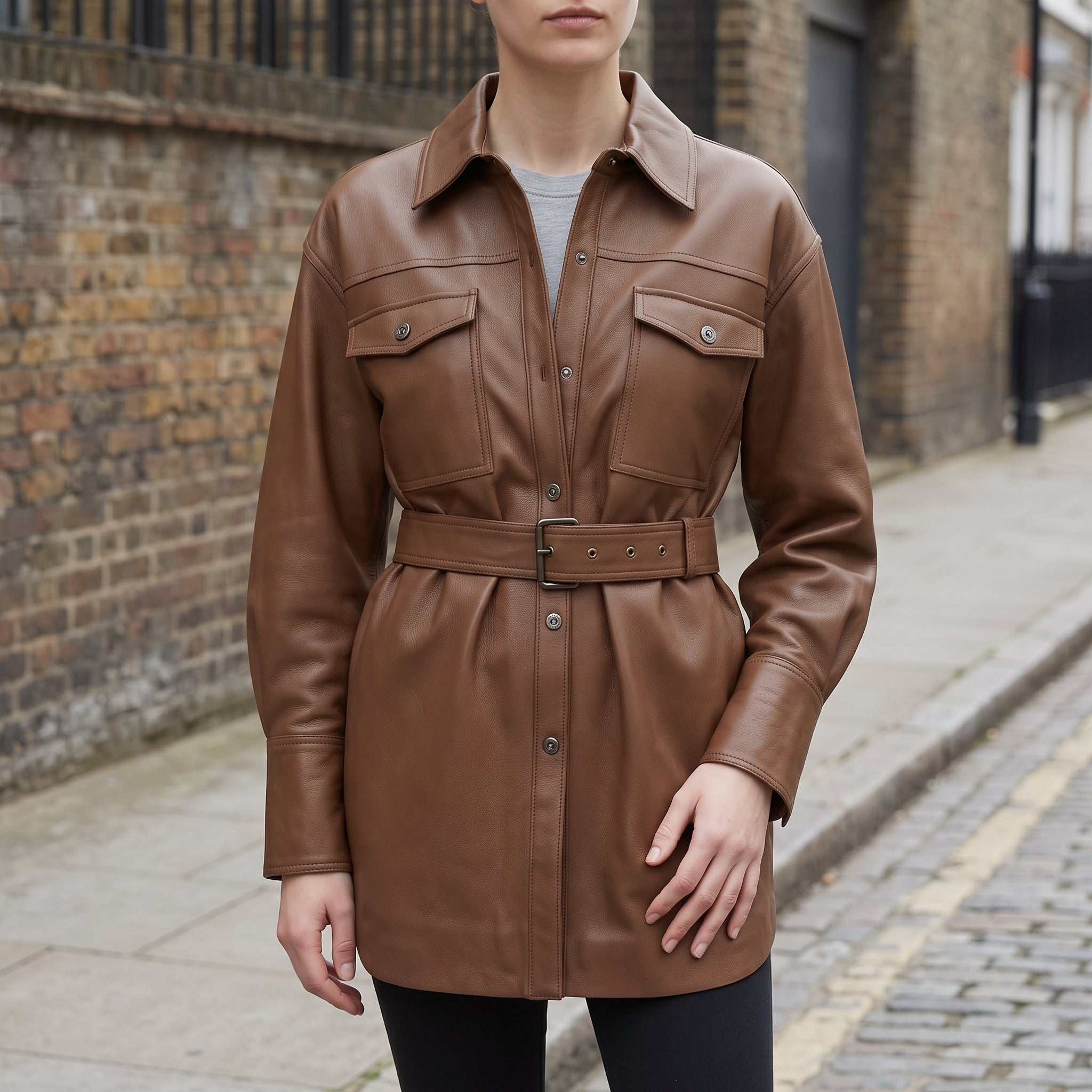 Women's Brown Leather Trench Jacket — Aldous