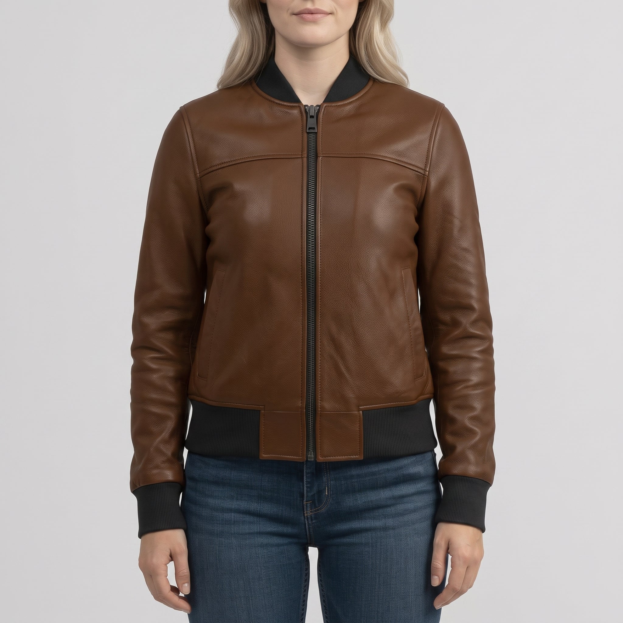 Women's Brown Pebbled Leather Bomber Jacket — Wilson