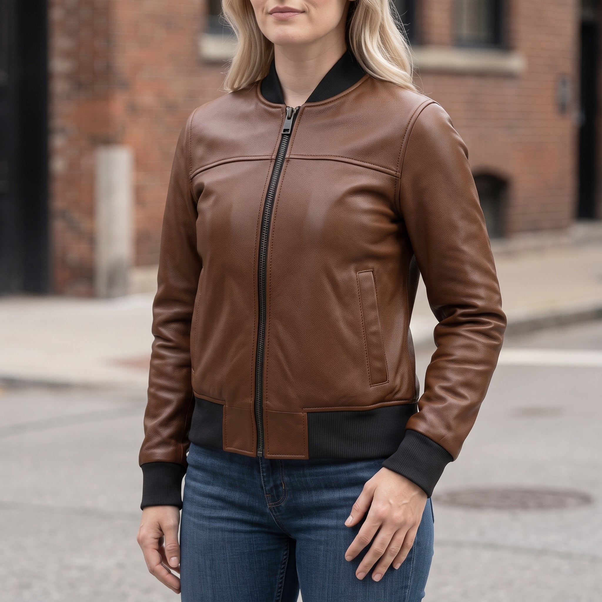 Women's Brown Pebbled Leather Bomber Jacket — Wilson
