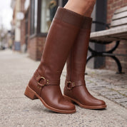 Women's Brown Leather Knee-High Harness Boots — Moray