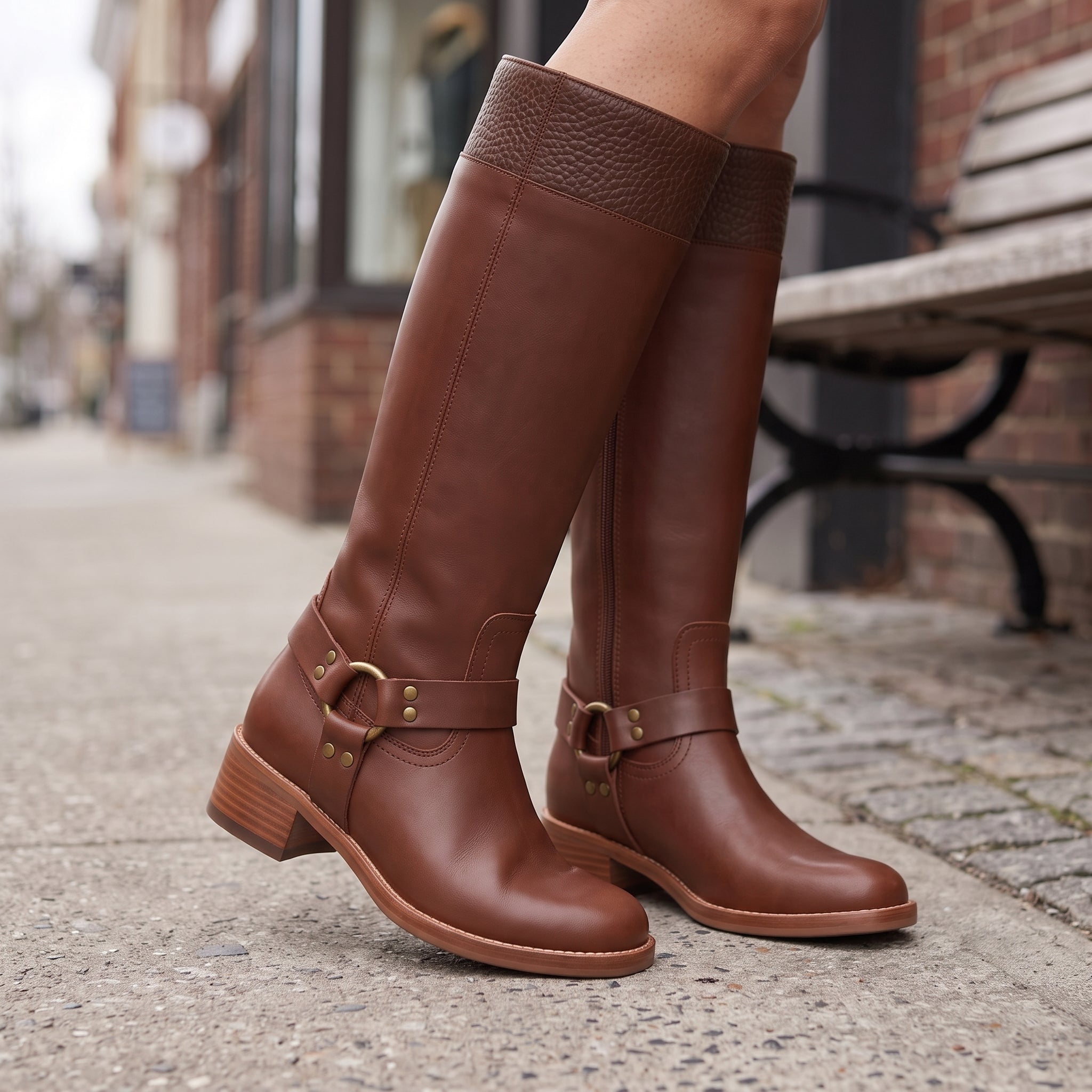 Women's Brown Leather Knee-High Harness Boots — Moray