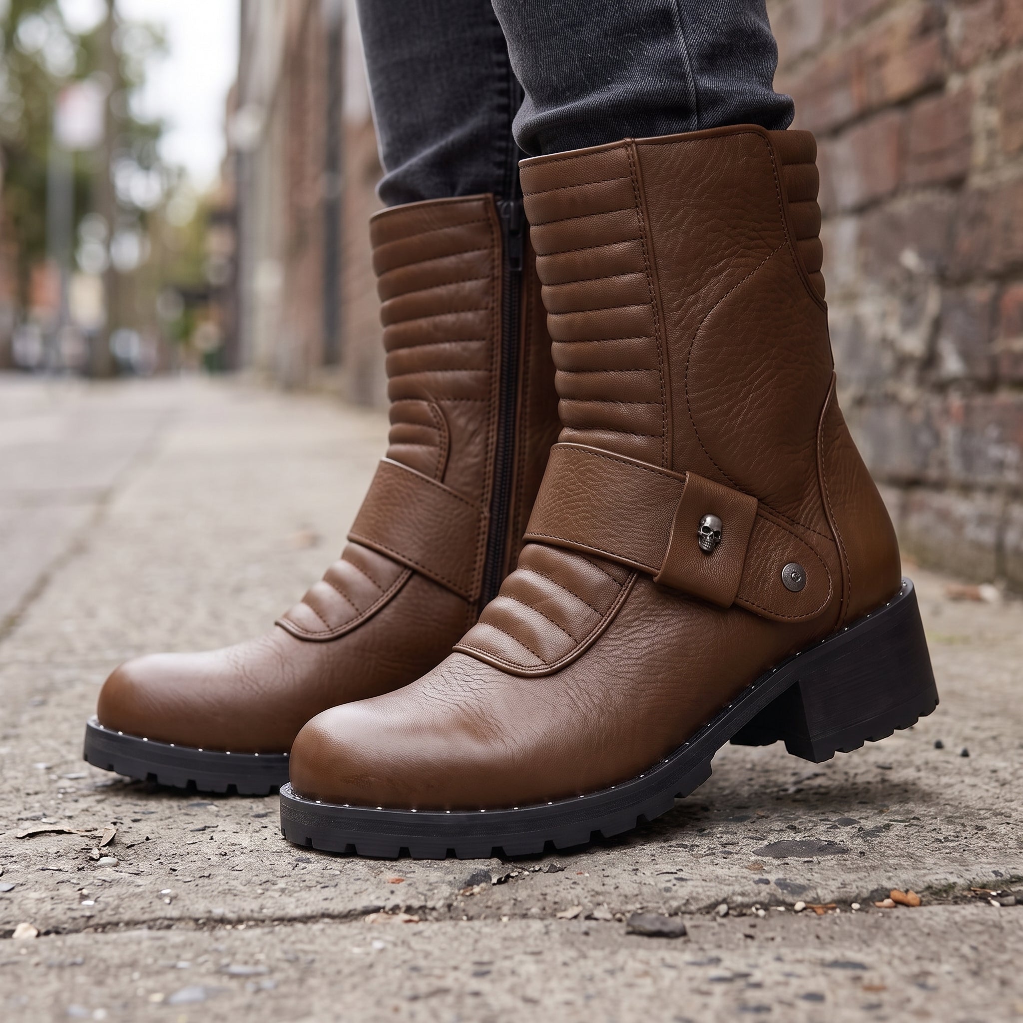 Women's Brown Plain-Toe Leather Biker Boots — Slingsby